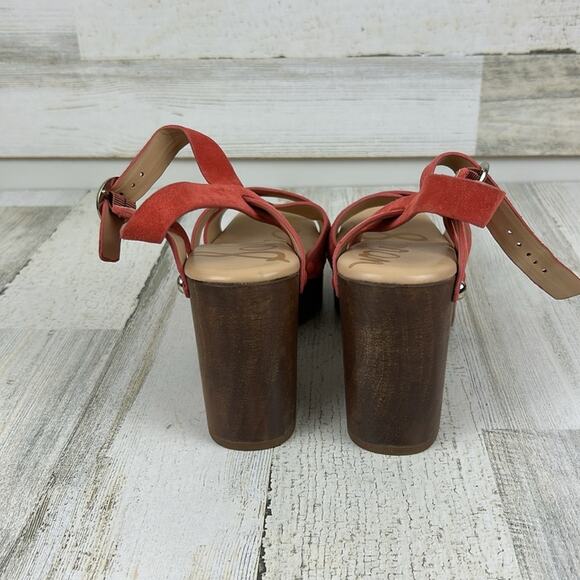 Sam Edelman Josefine Women’s 6.5 Coral Suede Strappy Sandals Wood Heel NEW - Picture 5 of 11